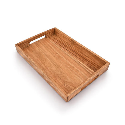 Samhita Acacia Wood Serving Tray with Handles,Wooden Tray, Snack Tray, Breakfast Tray, Great for, Breakfast, Coffee Tables, Homes, Restaurant|Size- 15" x 10" x 1.6" - CookCave