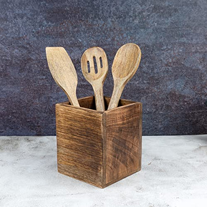 Samhita Mango Wood Burning Finished Kitchen Utensil Holder for Countertop, Utensil Holder Container for Kitchen Cooking Utensil. (5"x 5"x 6") - CookCave