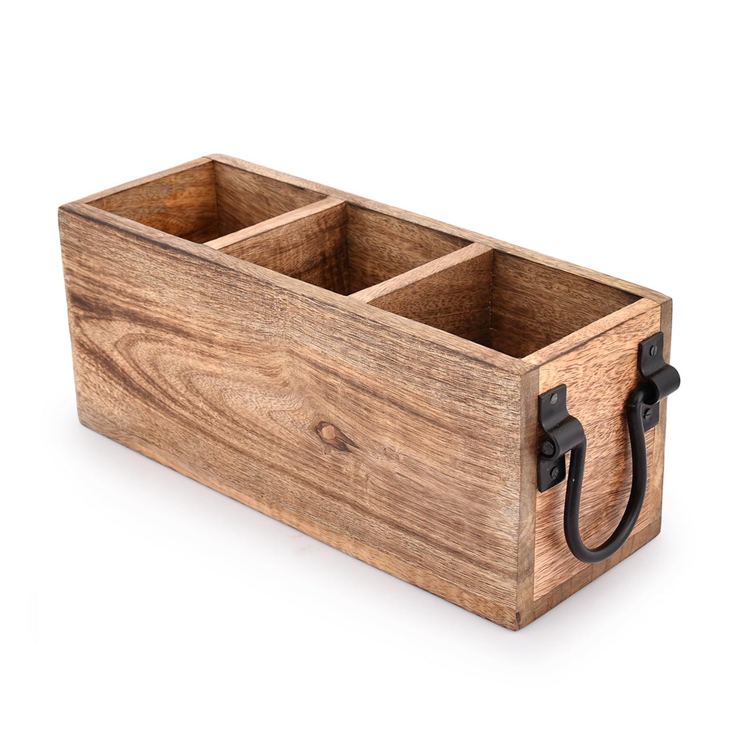 Samhita Mango Wood Cutlery Holder Caddy Organizer Wooden Utensil Storage Organizer Countertop for Silverware Fork Spoon Spatula 3 compartments (11" x 4" x 4.5") - CookCave