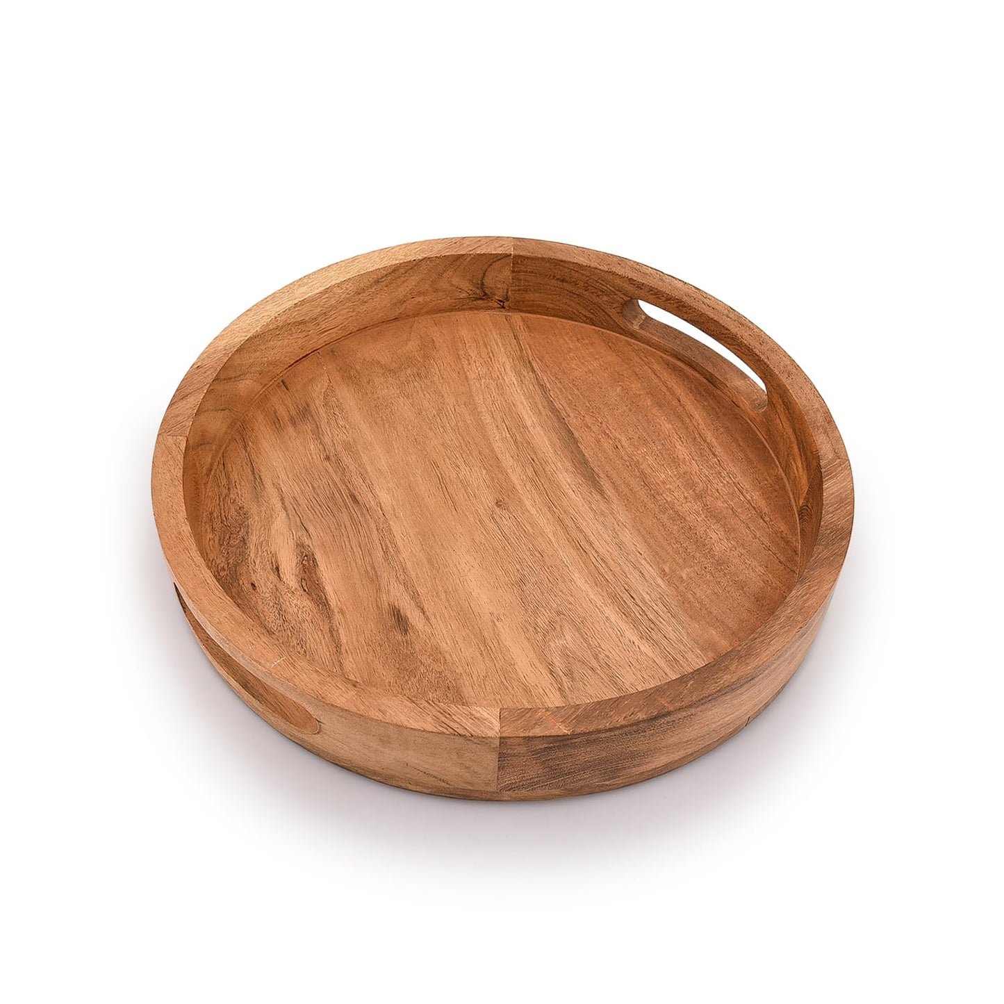 Samhita Round Serving Acacia Wooden Tray with Handles for Serving Beverages & Food on Bar Living Room Home Dining Table (12" x 12" x 1.6") - CookCave