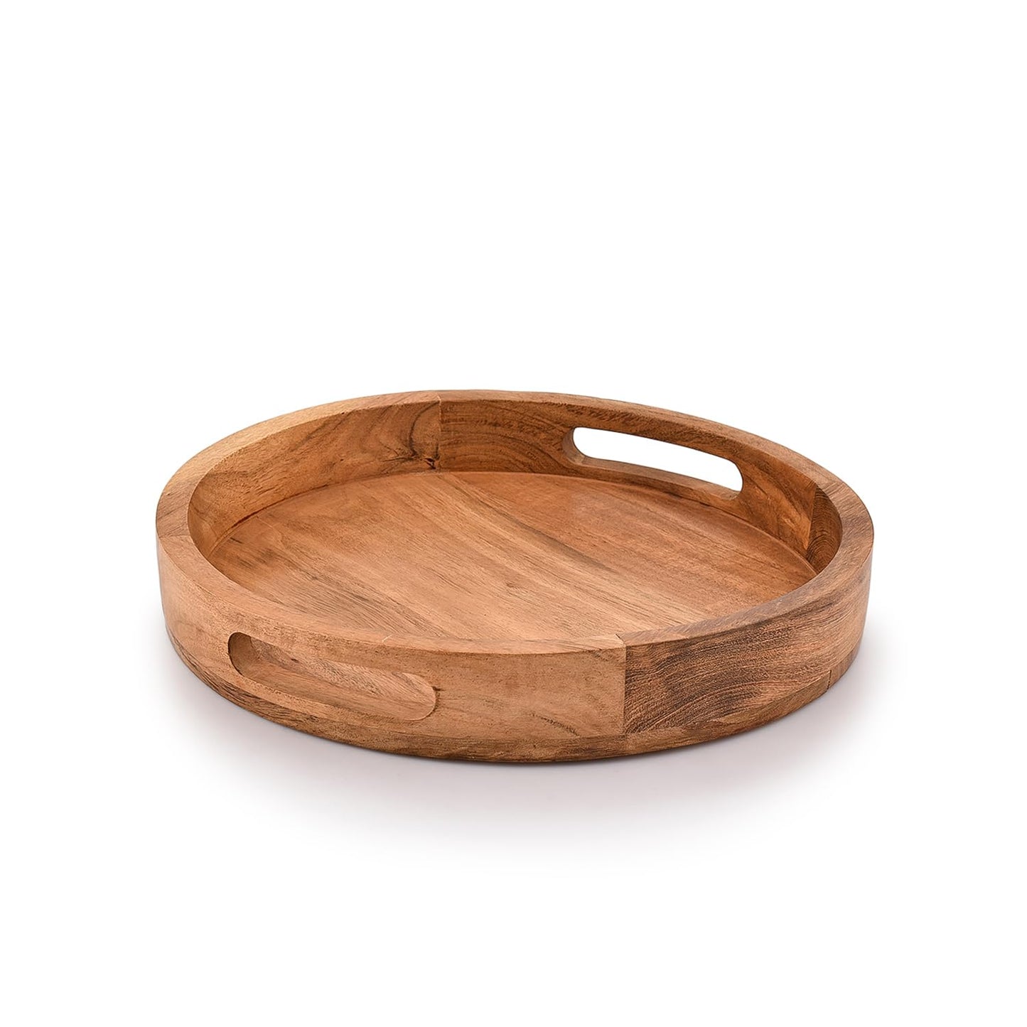 Samhita Round Serving Acacia Wooden Tray with Handles for Serving Beverages & Food on Bar Living Room Home Dining Table (12" x 12" x 1.6") - CookCave