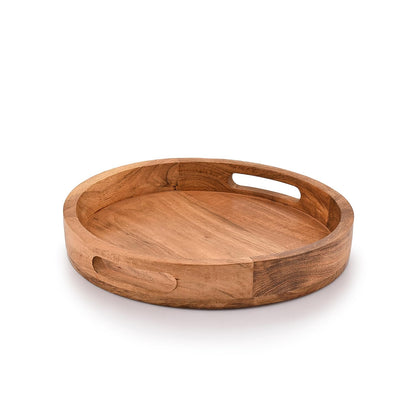 Samhita Round Serving Acacia Wooden Tray with Handles for Serving Beverages & Food on Bar Living Room Home Dining Table (12" x 12" x 1.6") - CookCave
