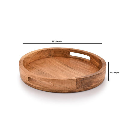 Samhita Round Serving Acacia Wooden Tray with Handles for Serving Beverages & Food on Bar Living Room Home Dining Table (12" x 12" x 1.6") - CookCave