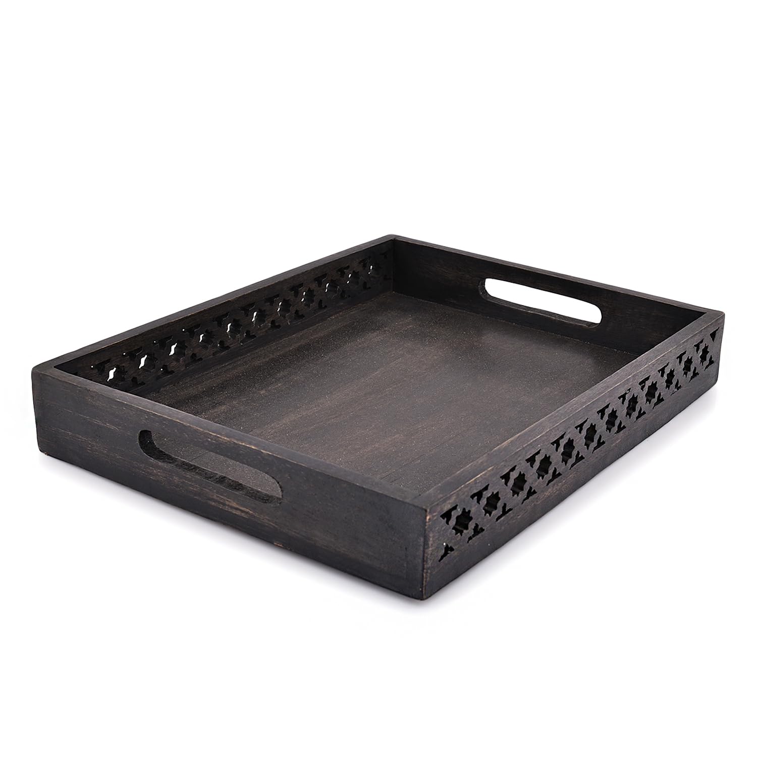 Samhita Serving Trays Mango Wood Rectangular Serving Tray, Wood Plate, Tea/Drink Platter, Dinner Serving Tray, Snack Tray (Black) (14" x 11" x 2") - CookCave