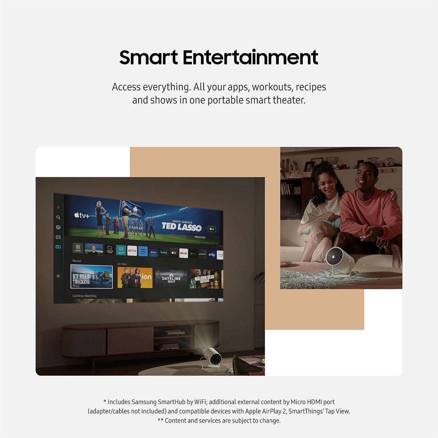 SAMSUNG 30” - 100” The Freestyle with Gaming Hub Smart Portable Projector, FHD, HDR, Big Screen Home Theater Experience, 360 Sound, SP-LFF3CLAXZA, 2023 Model (Renewed) - CookCave