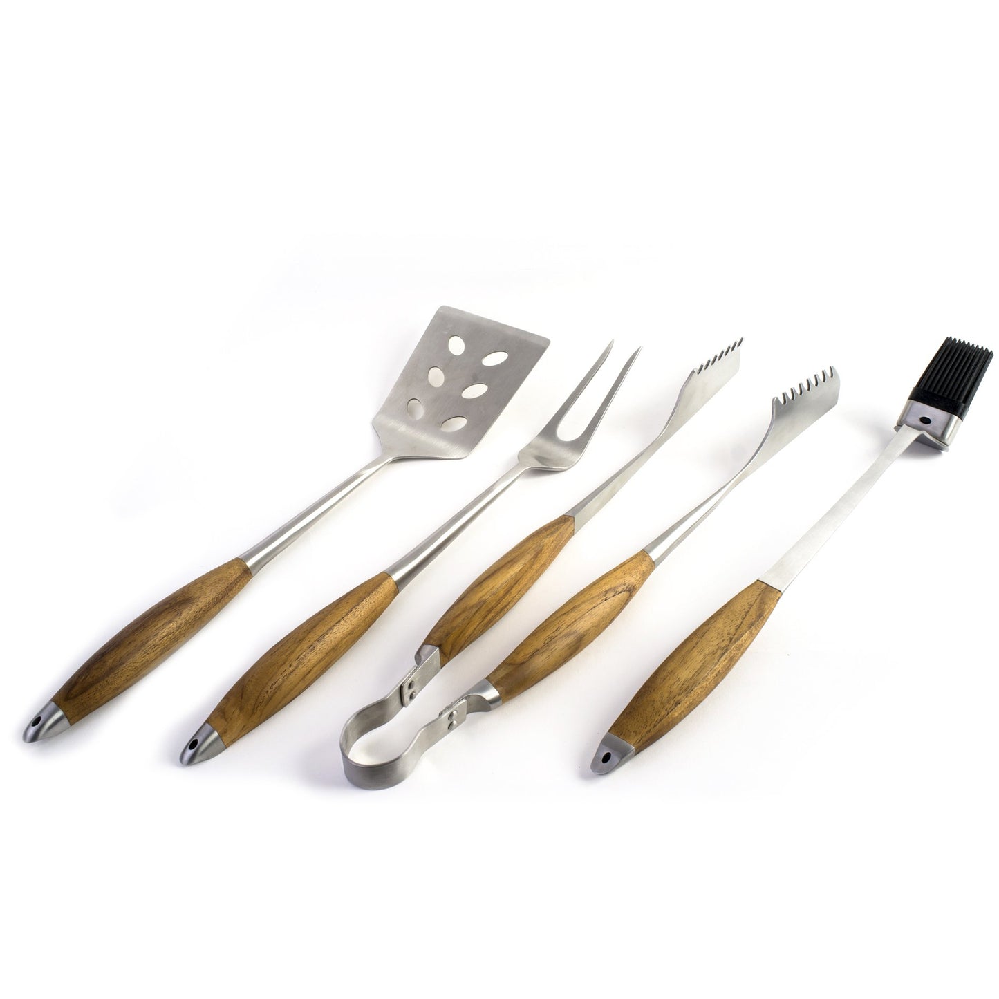 Schmidt Brothers - BBQ Bonded Teak 4 Piece Grilling Accessory Set, Full-Forged Stainless Steel Grilling Utensils Including Spatula, Fork, Basting Brush, and Tongs with All Wood Handles - CookCave