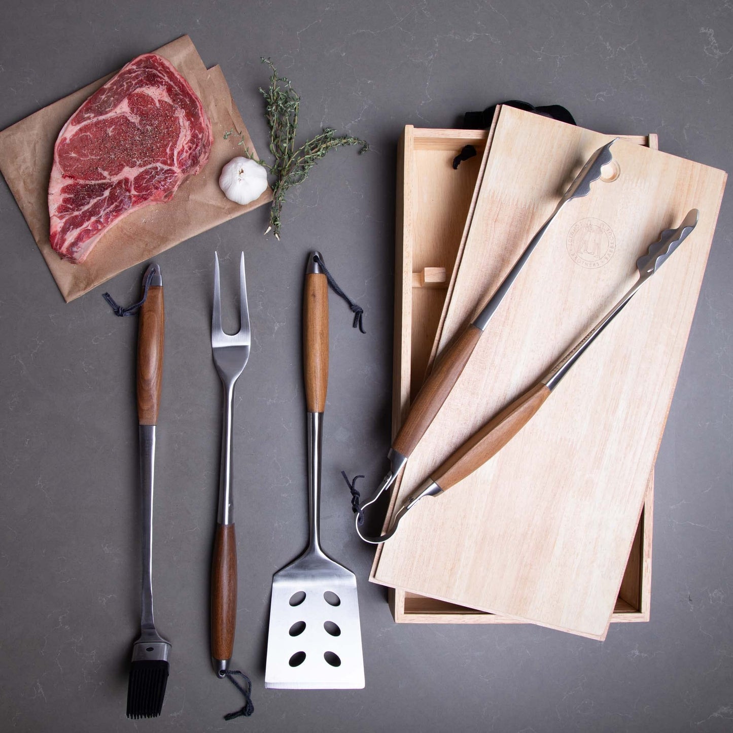 Schmidt Brothers - BBQ Bonded Teak 4 Piece Grilling Accessory Set, Full-Forged Stainless Steel Grilling Utensils Including Spatula, Fork, Basting Brush, and Tongs with All Wood Handles - CookCave