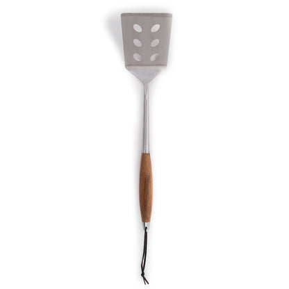 Schmidt Brothers - BBQ Bonded Teak 4 Piece Grilling Accessory Set, Full-Forged Stainless Steel Grilling Utensils Including Spatula, Fork, Basting Brush, and Tongs with All Wood Handles - CookCave