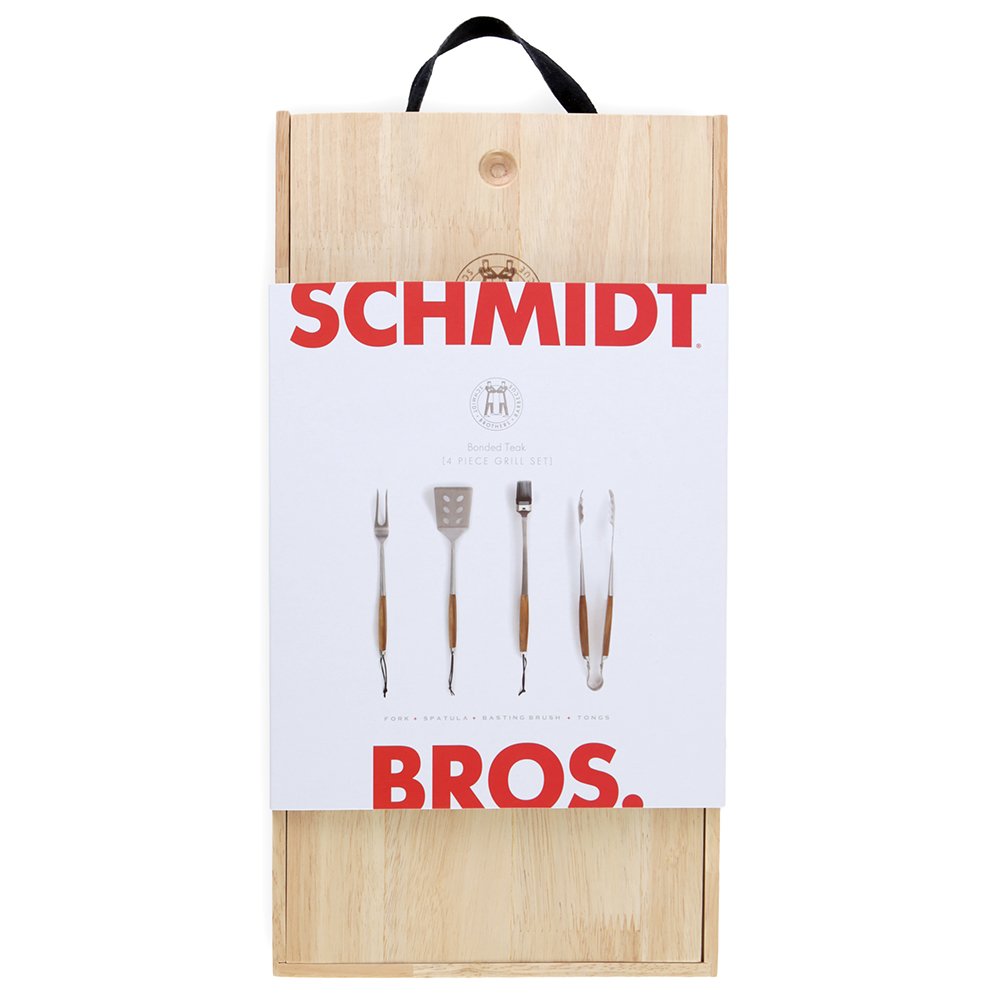Schmidt Brothers - BBQ Bonded Teak 4 Piece Grilling Accessory Set, Full-Forged Stainless Steel Grilling Utensils Including Spatula, Fork, Basting Brush, and Tongs with All Wood Handles - CookCave