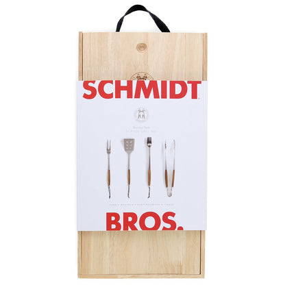 Schmidt Brothers - BBQ Bonded Teak 4 Piece Grilling Accessory Set, Full-Forged Stainless Steel Grilling Utensils Including Spatula, Fork, Basting Brush, and Tongs with All Wood Handles - CookCave
