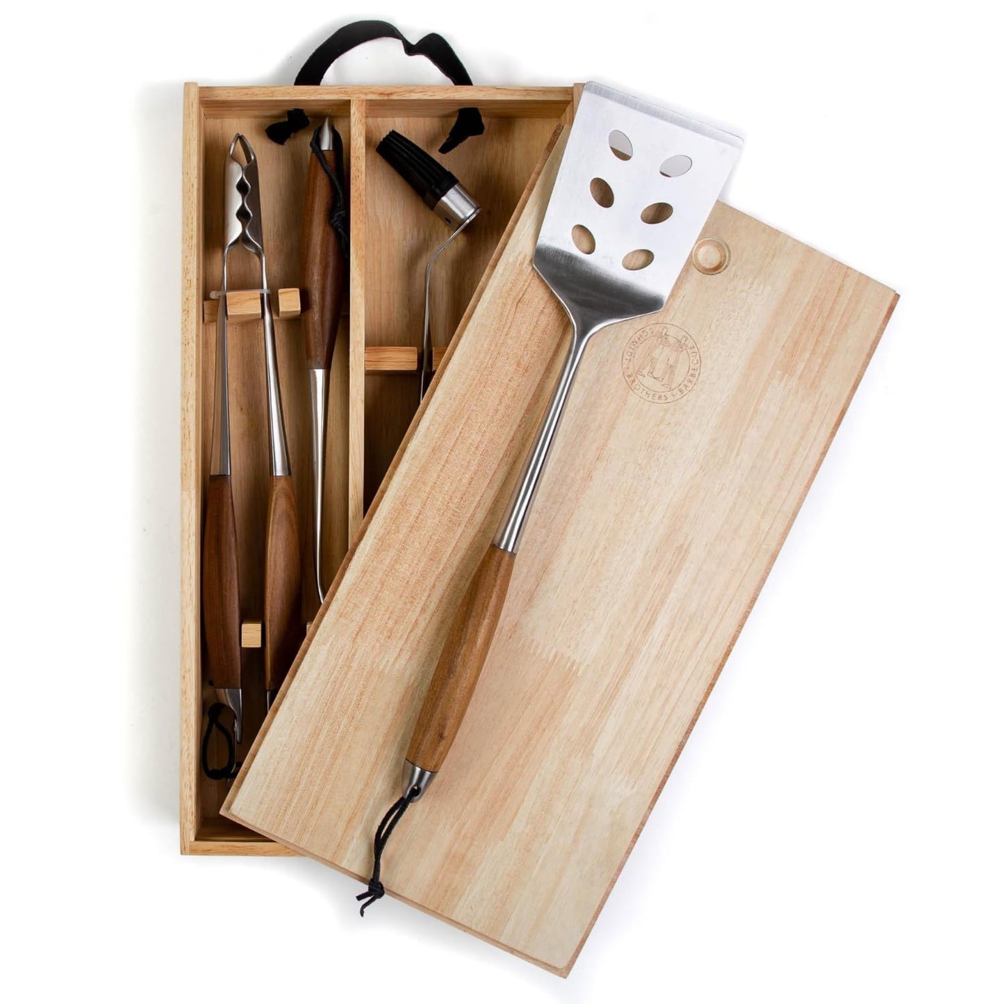 Schmidt Brothers - BBQ Bonded Teak 4 Piece Grilling Accessory Set, Full-Forged Stainless Steel Grilling Utensils Including Spatula, Fork, Basting Brush, and Tongs with All Wood Handles - CookCave