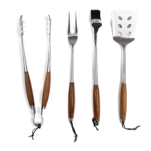 Schmidt Brothers - BBQ Bonded Teak 4 Piece Grilling Accessory Set, Full-Forged Stainless Steel Grilling Utensils Including Spatula, Fork, Basting Brush, and Tongs with All Wood Handles - CookCave