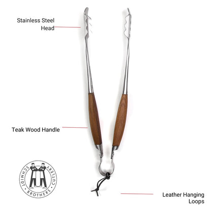 Schmidt Brothers - BBQ Bonded Teak 4 Piece Grilling Accessory Set, Full-Forged Stainless Steel Grilling Utensils Including Spatula, Fork, Basting Brush, and Tongs with All Wood Handles - CookCave