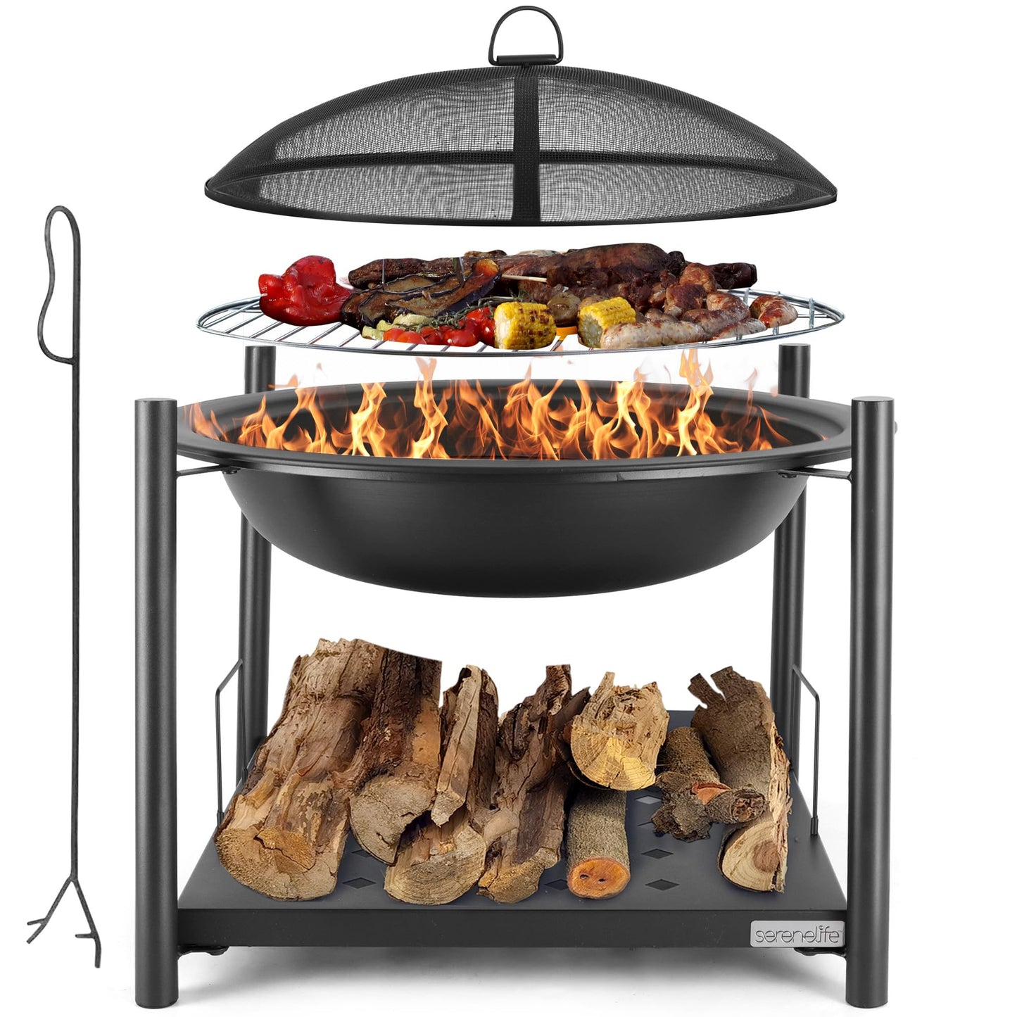 SereneLife 26" Outdoor Wood Fire Pit with BBQ Grill, Mesh Screen, and Wood Storage – Heavy-Duty Steel Frame, Heat-Resistant – Ideal for Bonfires, Camping, and Outdoor Cooking - CookCave