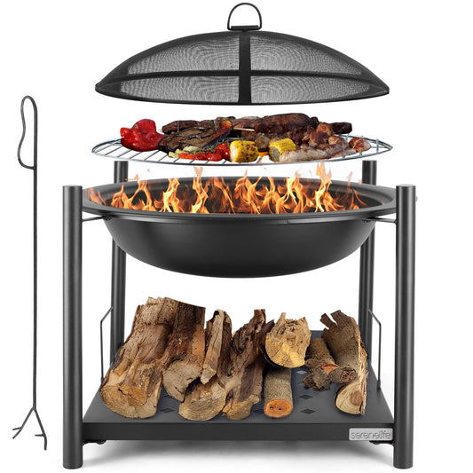 SereneLife 26" Outdoor Wood Fire Pit with BBQ Grill, Mesh Screen, and Wood Storage – Heavy-Duty Steel Frame, Heat-Resistant – Ideal for Bonfires, Camping, and Outdoor Cooking - CookCave