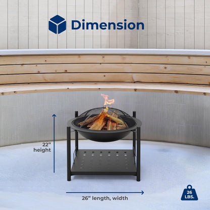 SereneLife 26" Outdoor Wood Fire Pit with BBQ Grill, Mesh Screen, and Wood Storage – Heavy-Duty Steel Frame, Heat-Resistant – Ideal for Bonfires, Camping, and Outdoor Cooking - CookCave