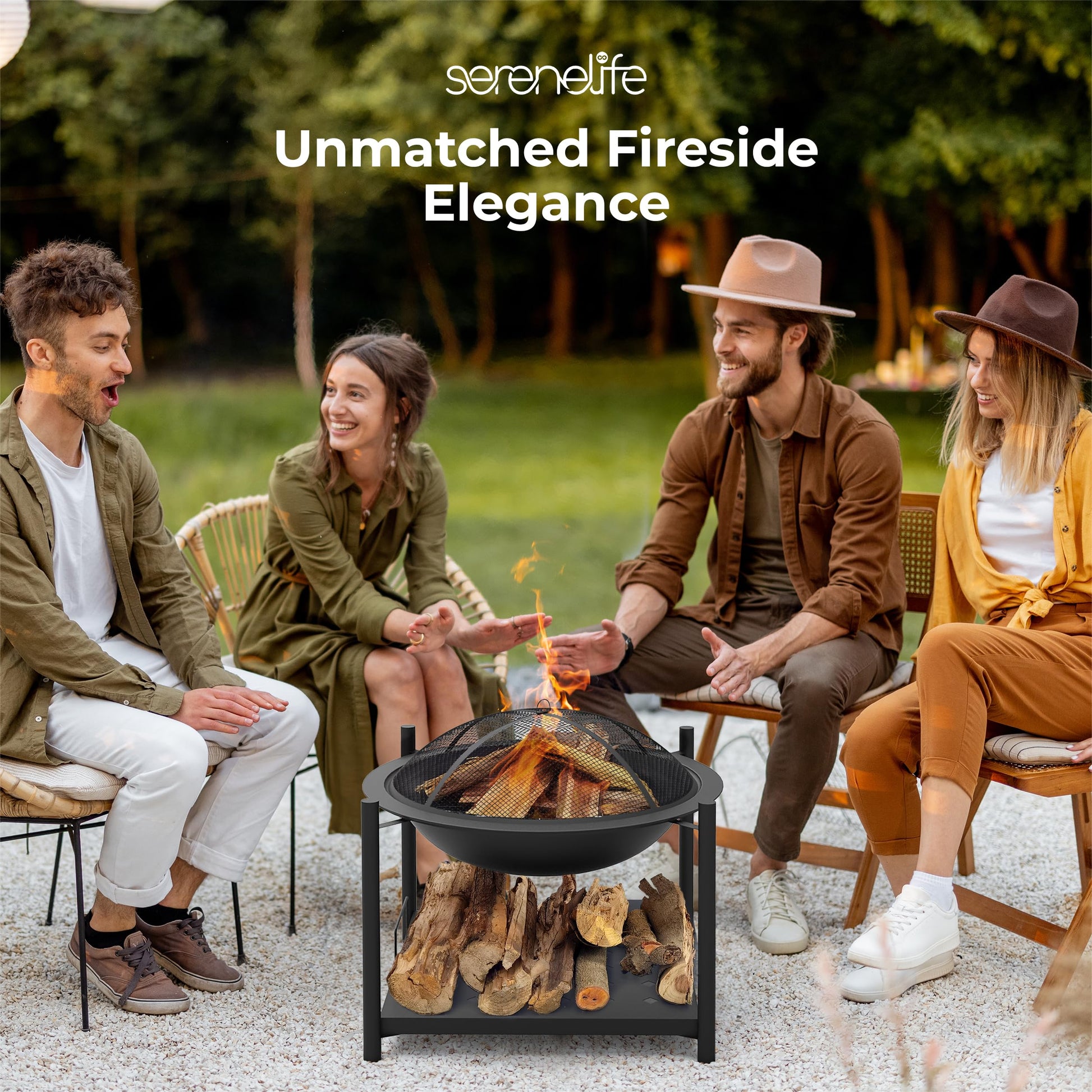 SereneLife 26" Outdoor Wood Fire Pit with BBQ Grill, Mesh Screen, and Wood Storage – Heavy-Duty Steel Frame, Heat-Resistant – Ideal for Bonfires, Camping, and Outdoor Cooking - CookCave