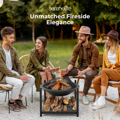 SereneLife 26" Outdoor Wood Fire Pit with BBQ Grill, Mesh Screen, and Wood Storage – Heavy-Duty Steel Frame, Heat-Resistant – Ideal for Bonfires, Camping, and Outdoor Cooking - CookCave