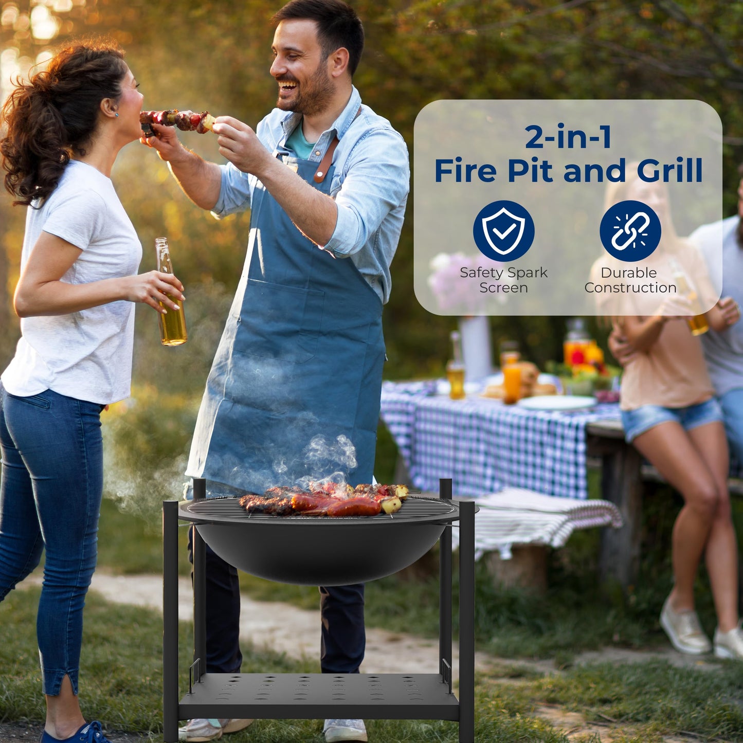 SereneLife 26" Outdoor Wood Fire Pit with BBQ Grill, Mesh Screen, and Wood Storage – Heavy-Duty Steel Frame, Heat-Resistant – Ideal for Bonfires, Camping, and Outdoor Cooking - CookCave