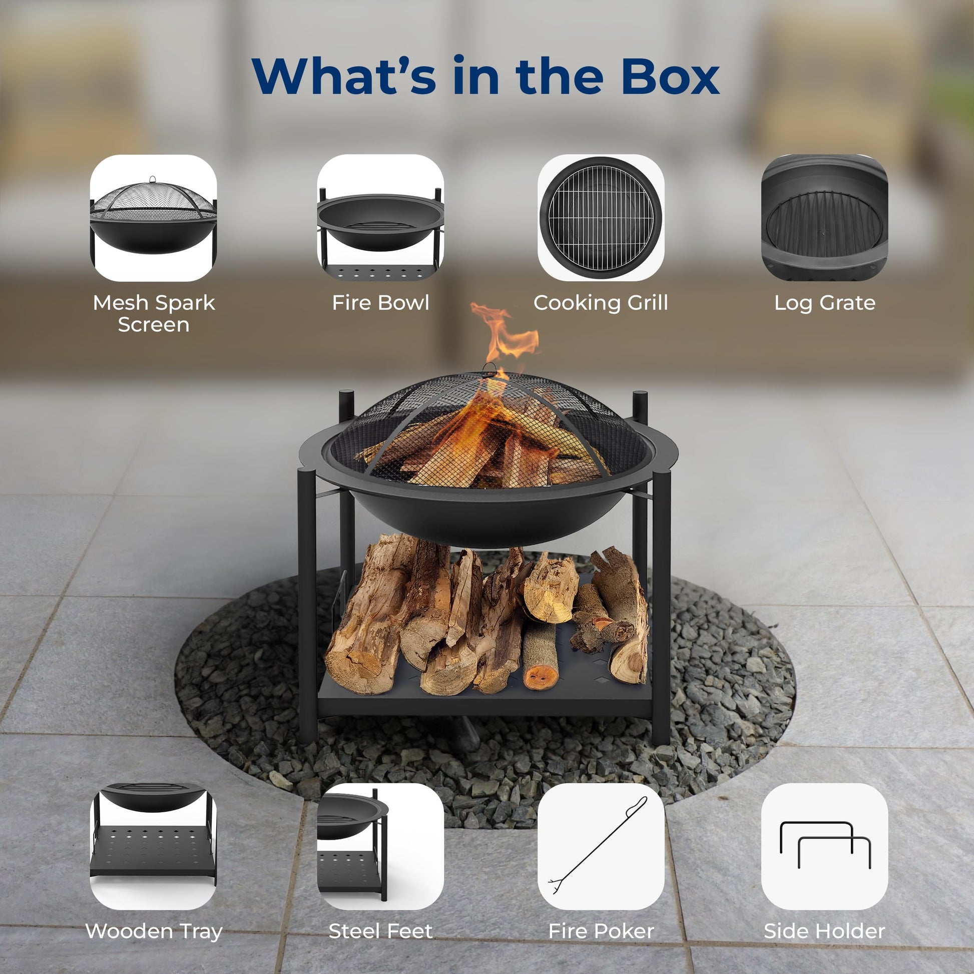 SereneLife 26" Outdoor Wood Fire Pit with BBQ Grill, Mesh Screen, and Wood Storage – Heavy-Duty Steel Frame, Heat-Resistant – Ideal for Bonfires, Camping, and Outdoor Cooking - CookCave