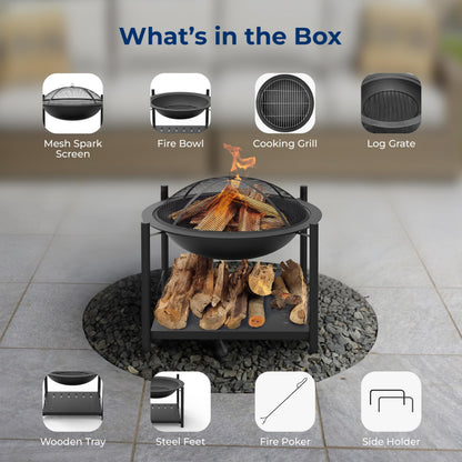 SereneLife 26" Outdoor Wood Fire Pit with BBQ Grill, Mesh Screen, and Wood Storage – Heavy-Duty Steel Frame, Heat-Resistant – Ideal for Bonfires, Camping, and Outdoor Cooking - CookCave