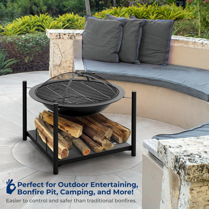 SereneLife 26" Outdoor Wood Fire Pit with BBQ Grill, Mesh Screen, and Wood Storage – Heavy-Duty Steel Frame, Heat-Resistant – Ideal for Bonfires, Camping, and Outdoor Cooking - CookCave