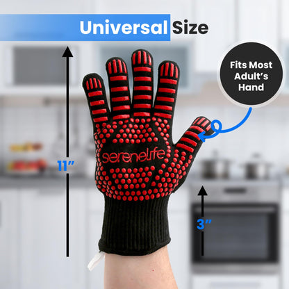 SereneLife Extreme Heat Resistant Grill Gloves, 14'' Food Grade Kitchen Oven Mitts, Universal Size Silicone Non-Slip Cooking Gloves for Barbecue, Extreme Heat Resistant Up to 800 Degree Celsius - CookCave