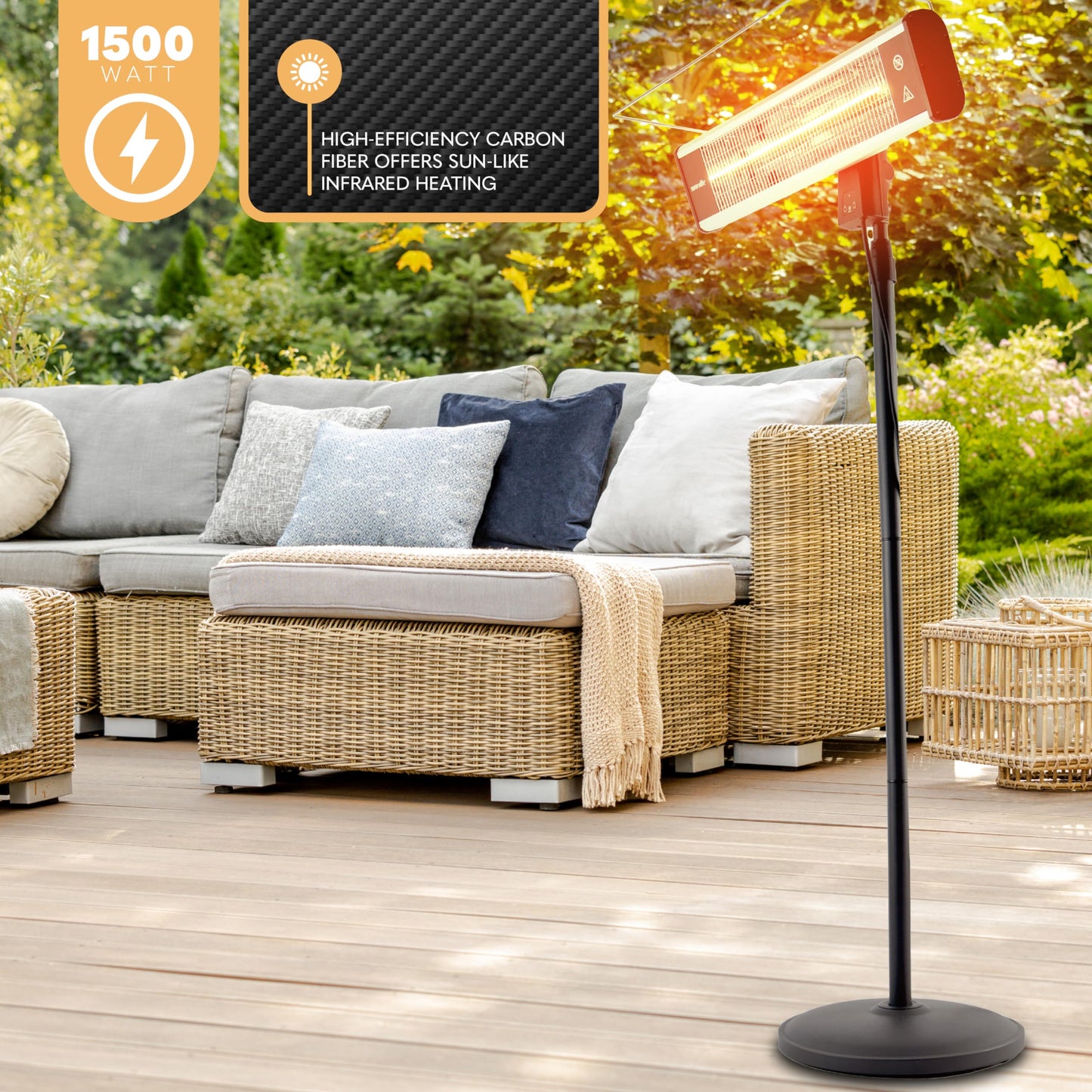 SereneLife Infrared Patio Heater 1500W Electric Heater Indoor/Outdoor Use, Portable Stand with Remote Control, IP65 Approved, 360° Tip-Over Safety Switch for Restaurant, Patio, Backyard, Garage, Decks - CookCave