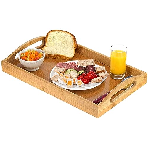 Serving tray bamboo - wooden tray with handles - Great for dinner trays, tea tray, bar tray, breakfast Tray, or any food tray - good for parties or bed tray - CookCave