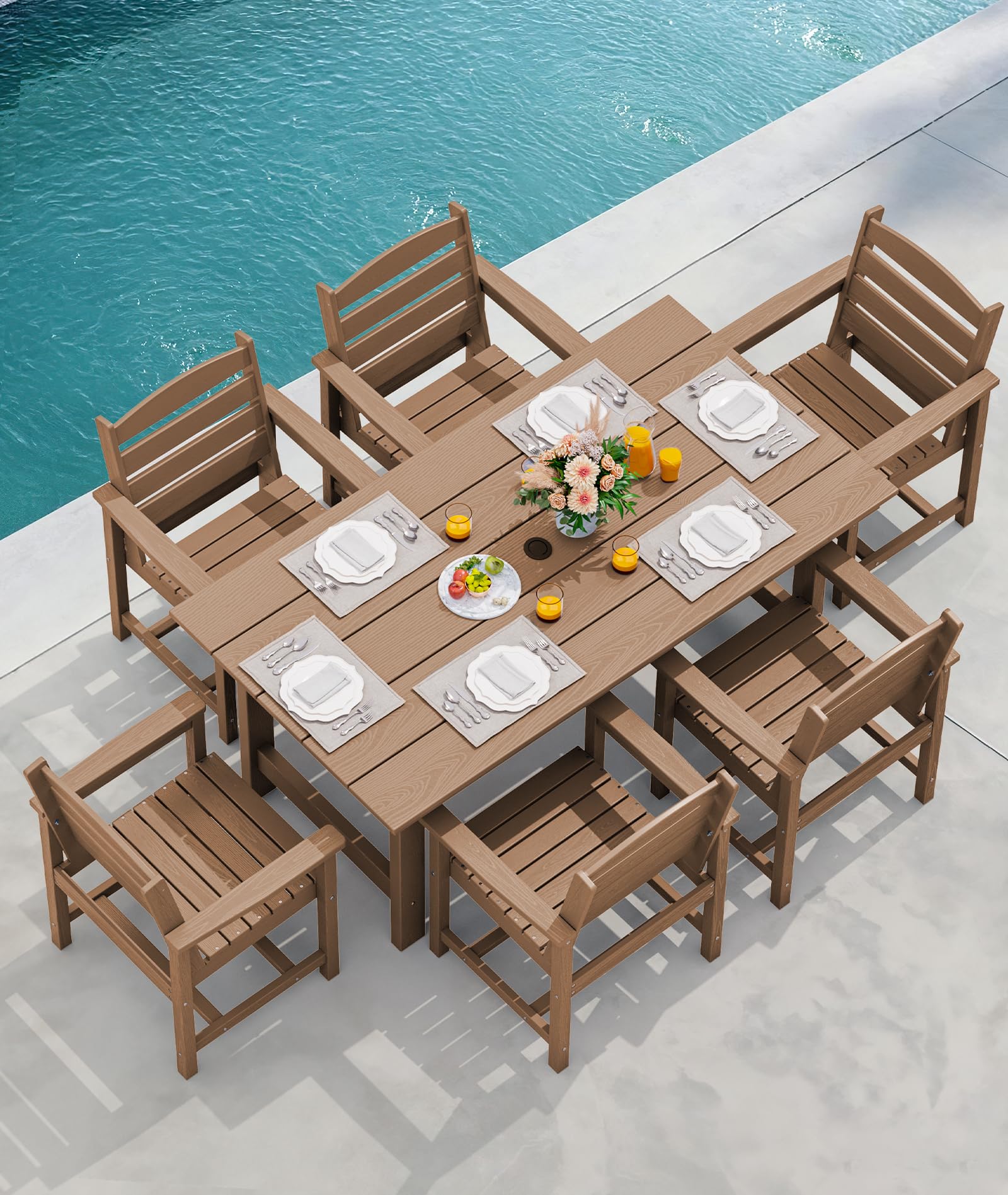 SERWALL 7-Piece Patio Outdoor Table & Chairs, HDPE Dining Set with Umbrella Hole & All-Weather Design for Lawn, Backyard, Poolside, Brown - CookCave