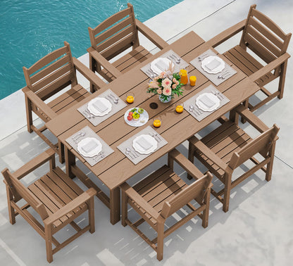 SERWALL 7-Piece Patio Outdoor Table & Chairs, HDPE Dining Set with Umbrella Hole & All-Weather Design for Lawn, Backyard, Poolside, Brown - CookCave