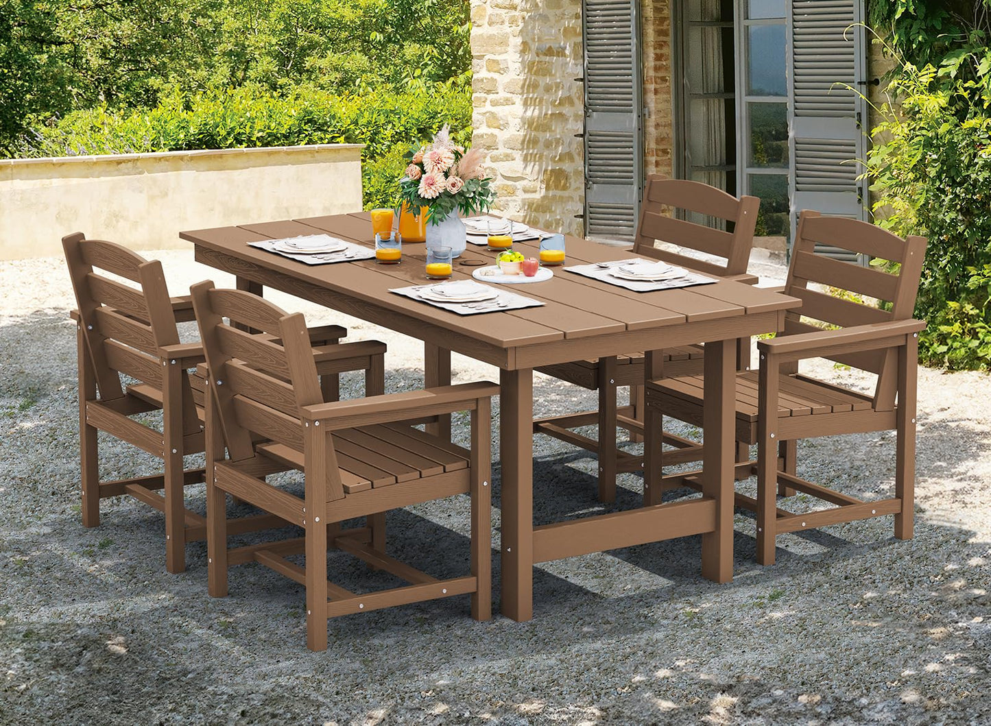 SERWALL 7-Piece Patio Outdoor Table & Chairs, HDPE Dining Set with Umbrella Hole & All-Weather Design for Lawn, Backyard, Poolside, Brown - CookCave