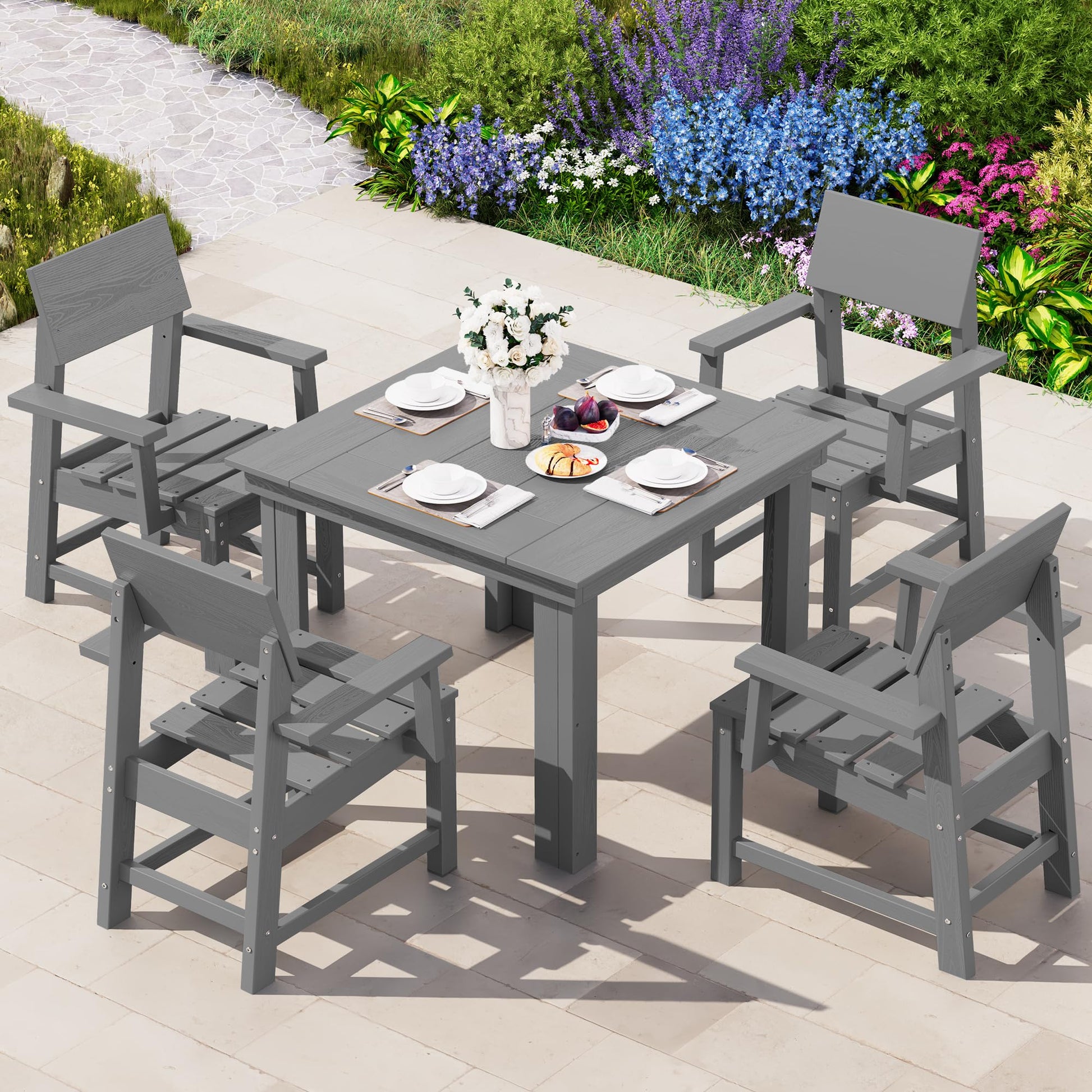 SERWALL HDPE Outdoor Dining Set, Patio Table and Chairs Set All Weather Patio Dining Set for 4, 5-Piece Patio Dining Furniture for Deck, Garden, Backyard, Gray - CookCave