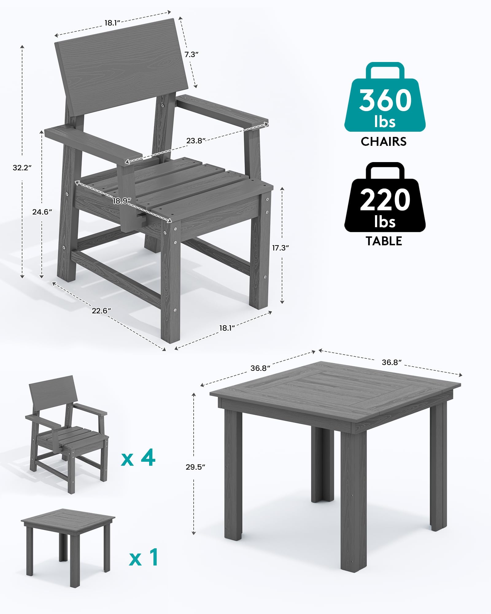 SERWALL HDPE Outdoor Dining Set, Patio Table and Chairs Set All Weather Patio Dining Set for 4, 5-Piece Patio Dining Furniture for Deck, Garden, Backyard, Gray - CookCave