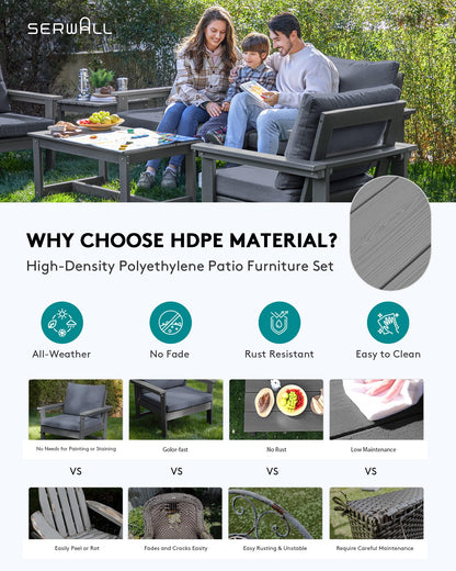 SERWALL HDPE Patio Furniture Set, 7-Piece Outdoor Sectional Sofa Set, All Weather Outdoor Couch Set for Deck, Lawn, Grey Frame with Grey Cushion - CookCave