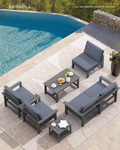 SERWALL HDPE Patio Furniture Set, 7-Piece Outdoor Sectional Sofa Set, All Weather Outdoor Couch Set for Deck, Lawn, Grey Frame with Grey Cushion - CookCave