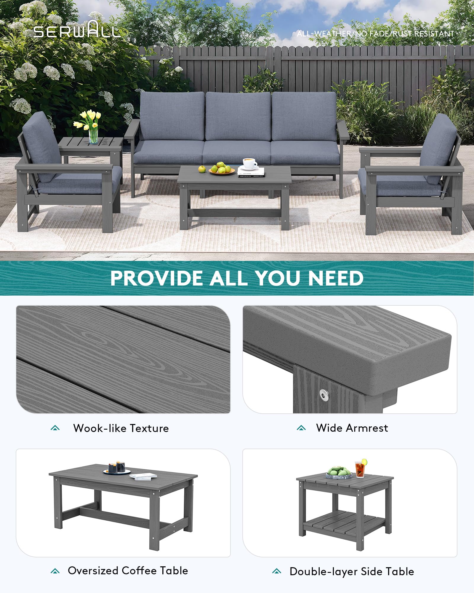 SERWALL HDPE Patio Furniture Set, 7-Piece Outdoor Sectional Sofa Set, All Weather Outdoor Couch Set for Deck, Lawn, Grey Frame with Grey Cushion - CookCave