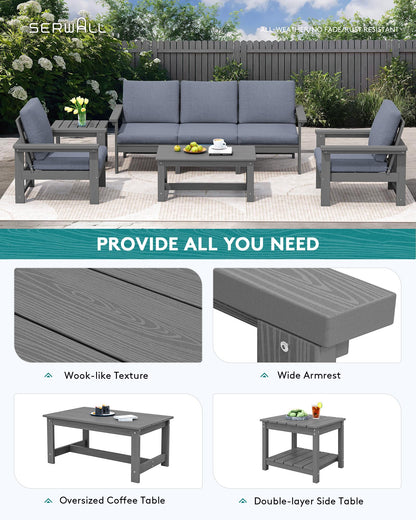 SERWALL HDPE Patio Furniture Set, 7-Piece Outdoor Sectional Sofa Set, All Weather Outdoor Couch Set for Deck, Lawn, Grey Frame with Grey Cushion - CookCave