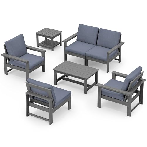 SERWALL HDPE Patio Furniture Set, 7-Piece Outdoor Sectional Sofa Set, All Weather Outdoor Couch Set for Deck, Lawn, Grey Frame with Grey Cushion - CookCave