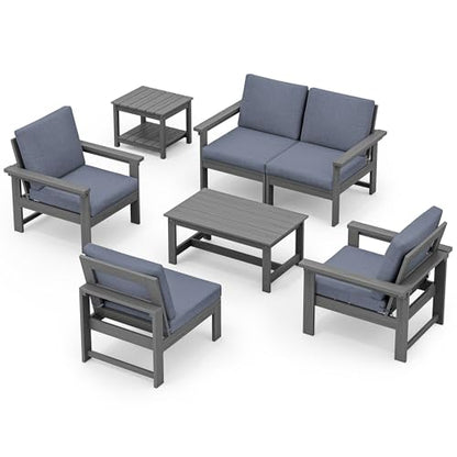 SERWALL HDPE Patio Furniture Set, 7-Piece Outdoor Sectional Sofa Set, All Weather Outdoor Couch Set for Deck, Lawn, Grey Frame with Grey Cushion - CookCave