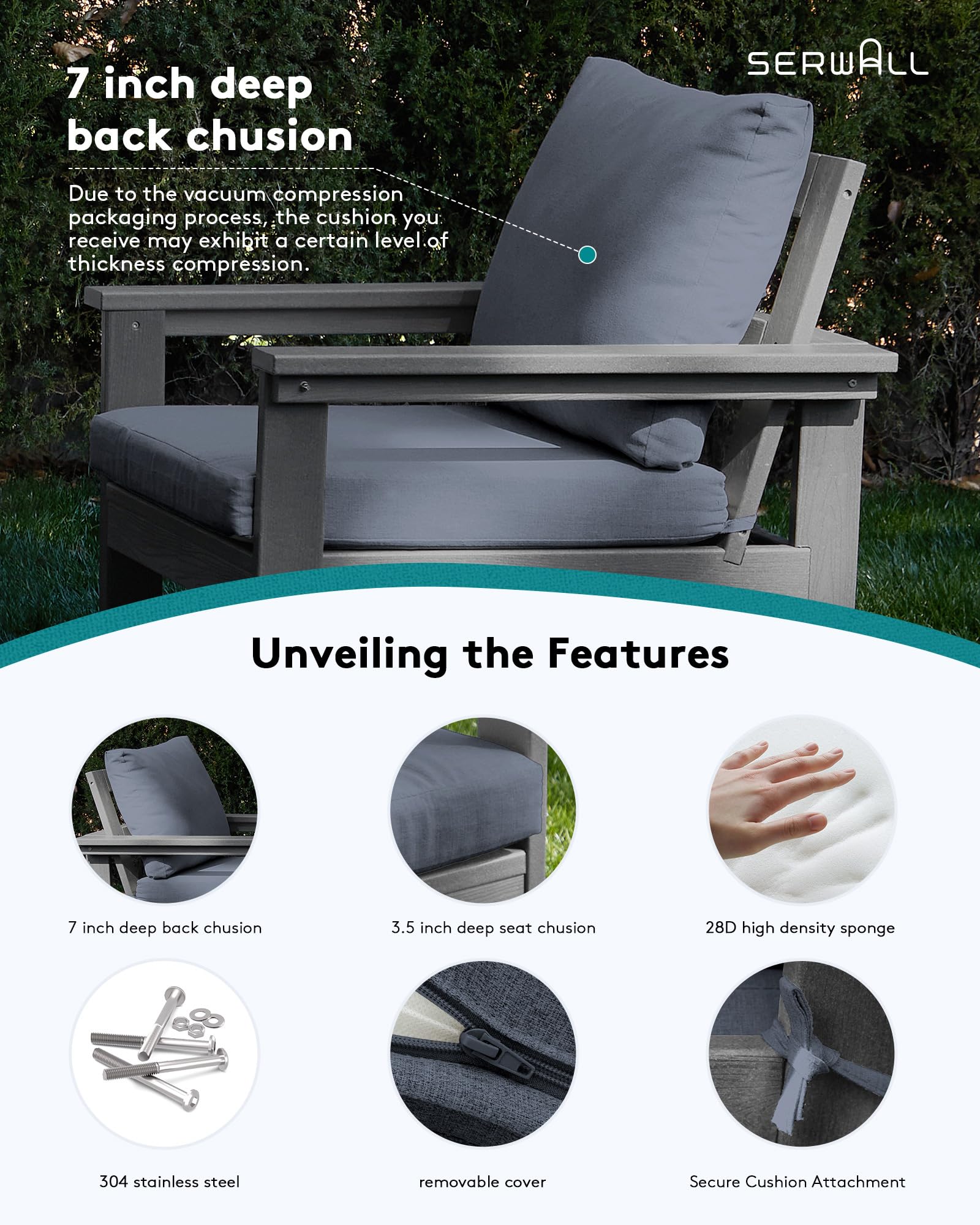 SERWALL HDPE Patio Furniture Set, 7-Piece Outdoor Sectional Sofa Set, All Weather Outdoor Couch Set for Deck, Lawn, Grey Frame with Grey Cushion - CookCave