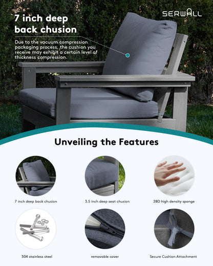 SERWALL HDPE Patio Furniture Set, 7-Piece Outdoor Sectional Sofa Set, All Weather Outdoor Couch Set for Deck, Lawn, Grey Frame with Grey Cushion - CookCave