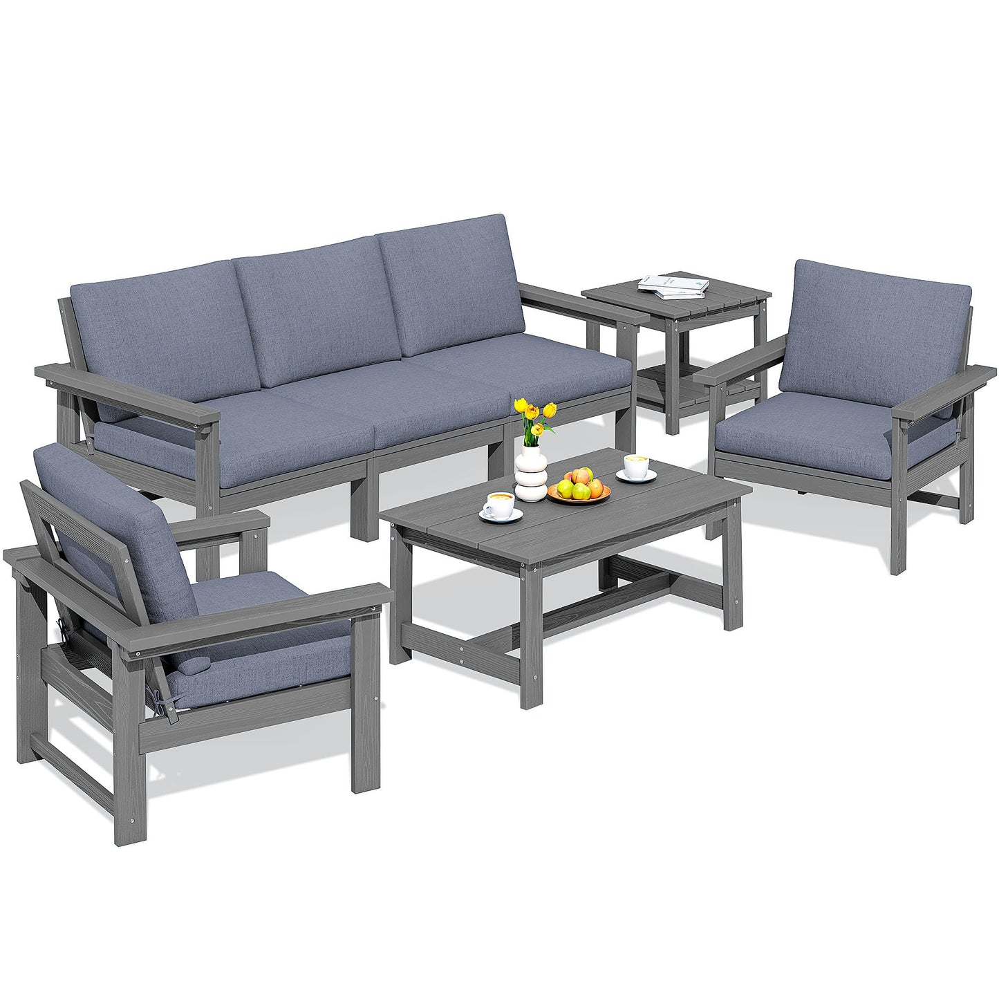 SERWALL HDPE Patio Furniture Set, 7-Piece Outdoor Sectional Sofa Set, All Weather Outdoor Couch Set for Deck, Lawn, Grey Frame with Grey Cushion - CookCave