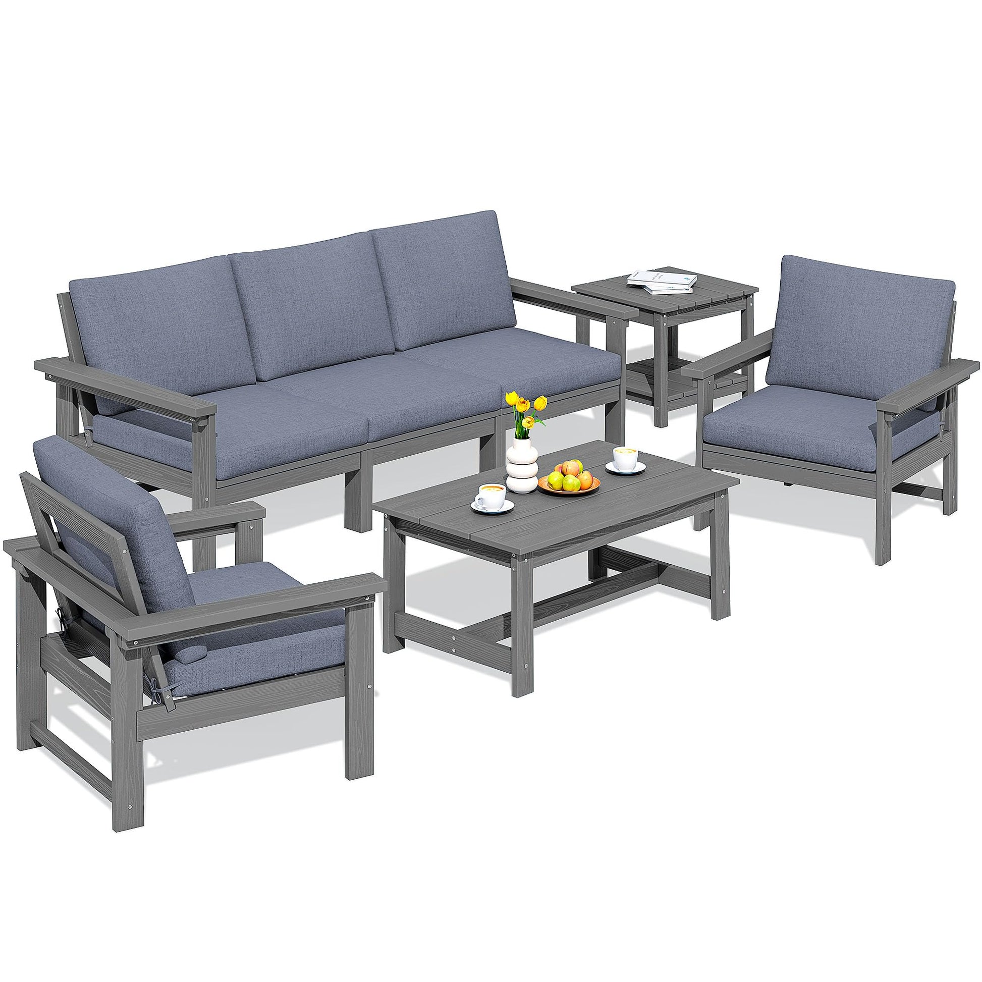 SERWALL HDPE Patio Furniture Set, 7-Piece Outdoor Sectional Sofa Set, All Weather Outdoor Couch Set for Deck, Lawn, Grey Frame with Grey Cushion - CookCave