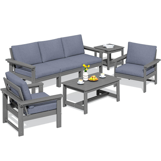 SERWALL HDPE Patio Furniture Set, 7-Piece Outdoor Sectional Sofa Set, All Weather Outdoor Couch Set for Deck, Lawn, Grey Frame with Grey Cushion - CookCave