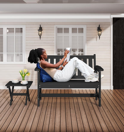 SERWALL Outdoor Bench, HDPE Outdoor Benches Weatherproof, 2-Person Garden Bench with 660 lbs Weight Capacity, Patio Benches for Outdoors, Garden, Porch, Backyard and Park, Black - CookCave