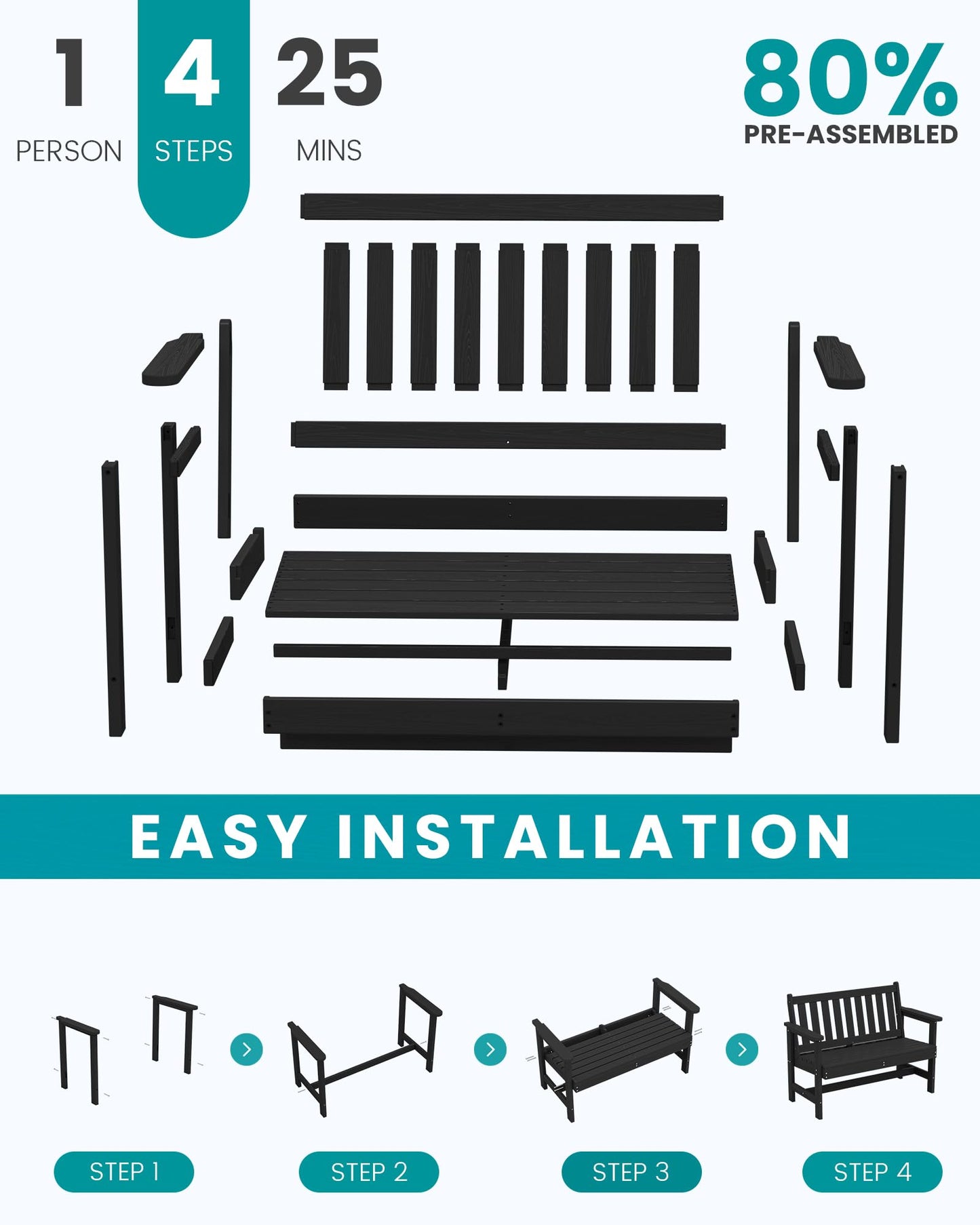 SERWALL Outdoor Bench, HDPE Outdoor Benches Weatherproof, 2-Person Garden Bench with 660 lbs Weight Capacity, Patio Benches for Outdoors, Garden, Porch, Backyard and Park, Black - CookCave