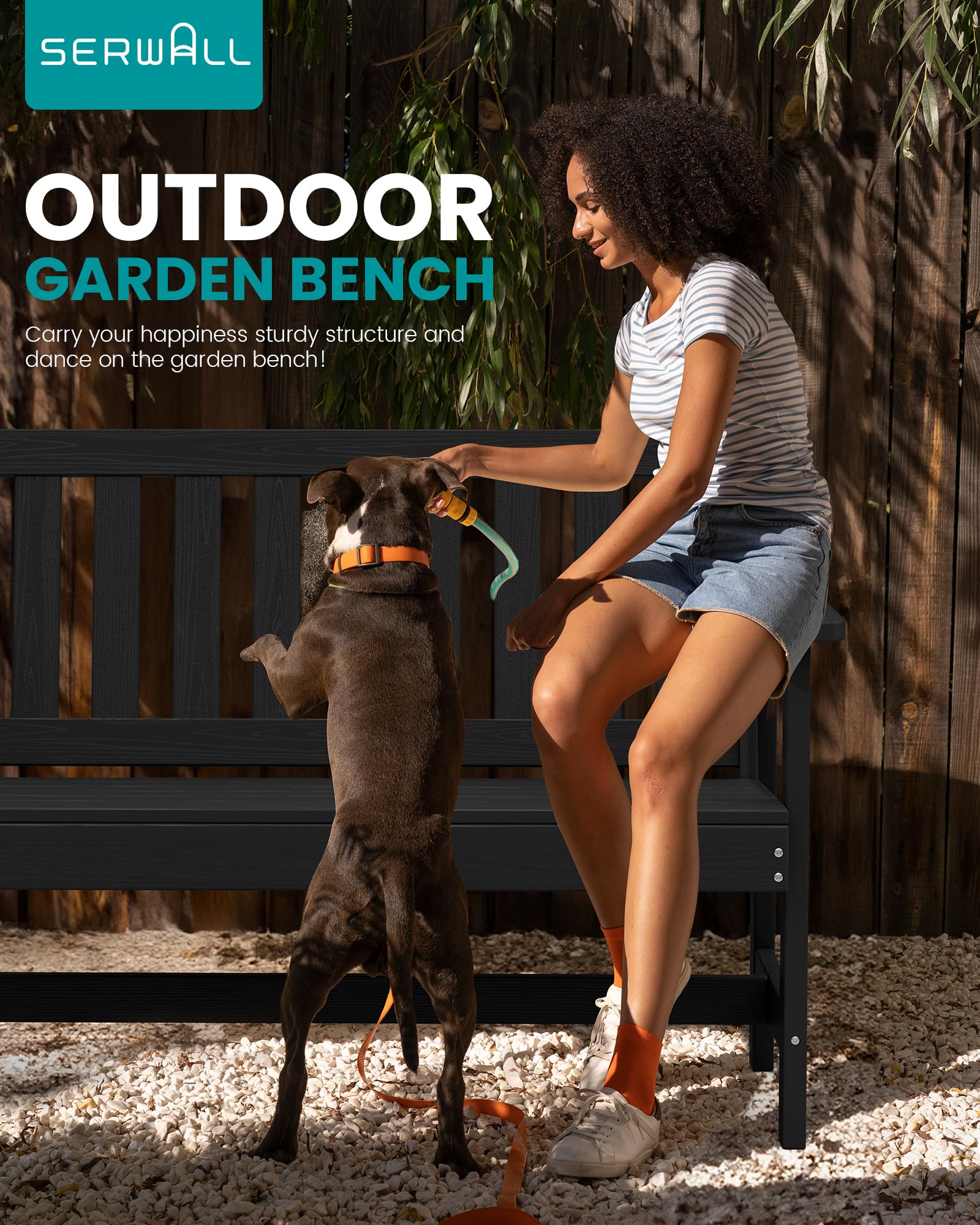 SERWALL Outdoor Bench, HDPE Outdoor Benches Weatherproof, 2-Person Garden Bench with 660 lbs Weight Capacity, Patio Benches for Outdoors, Garden, Porch, Backyard and Park, Black - CookCave