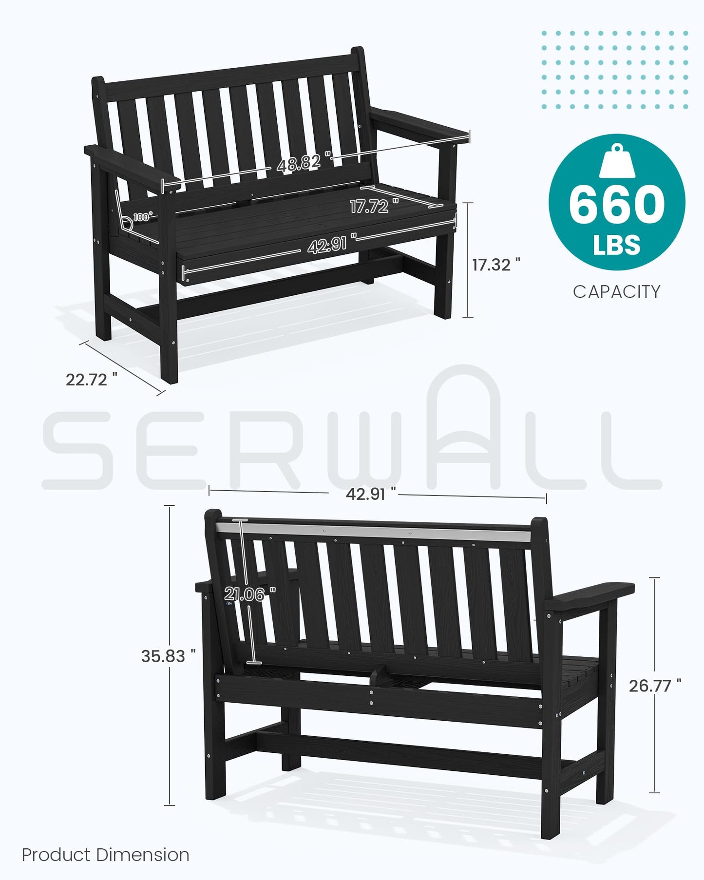 SERWALL Outdoor Bench, HDPE Outdoor Benches Weatherproof, 2-Person Garden Bench with 660 lbs Weight Capacity, Patio Benches for Outdoors, Garden, Porch, Backyard and Park, Black - CookCave