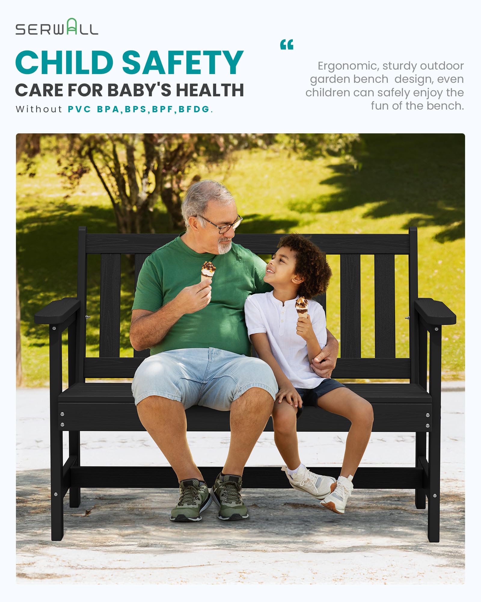 SERWALL Outdoor Bench, HDPE Outdoor Benches Weatherproof, 2-Person Garden Bench with 660 lbs Weight Capacity, Patio Benches for Outdoors, Garden, Porch, Backyard and Park, Black - CookCave